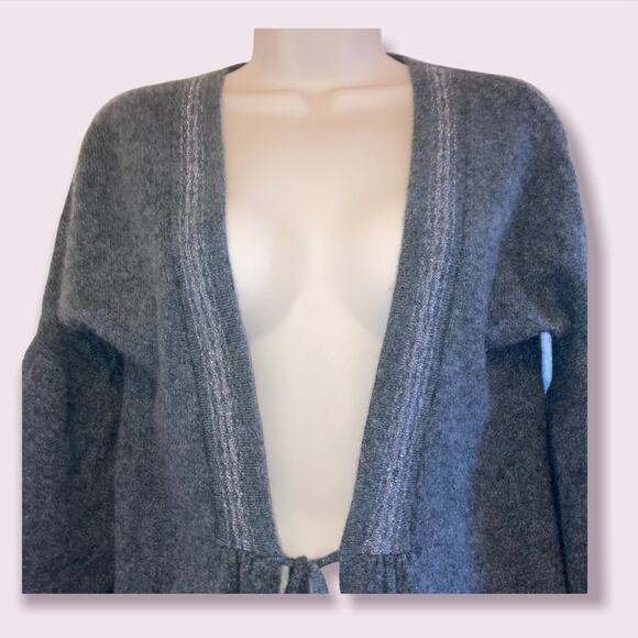 Velvet by Graham & Spencer Gray Cashmere Tie Cardigan with Glitter Lapels- Small - Picture 3 of 13